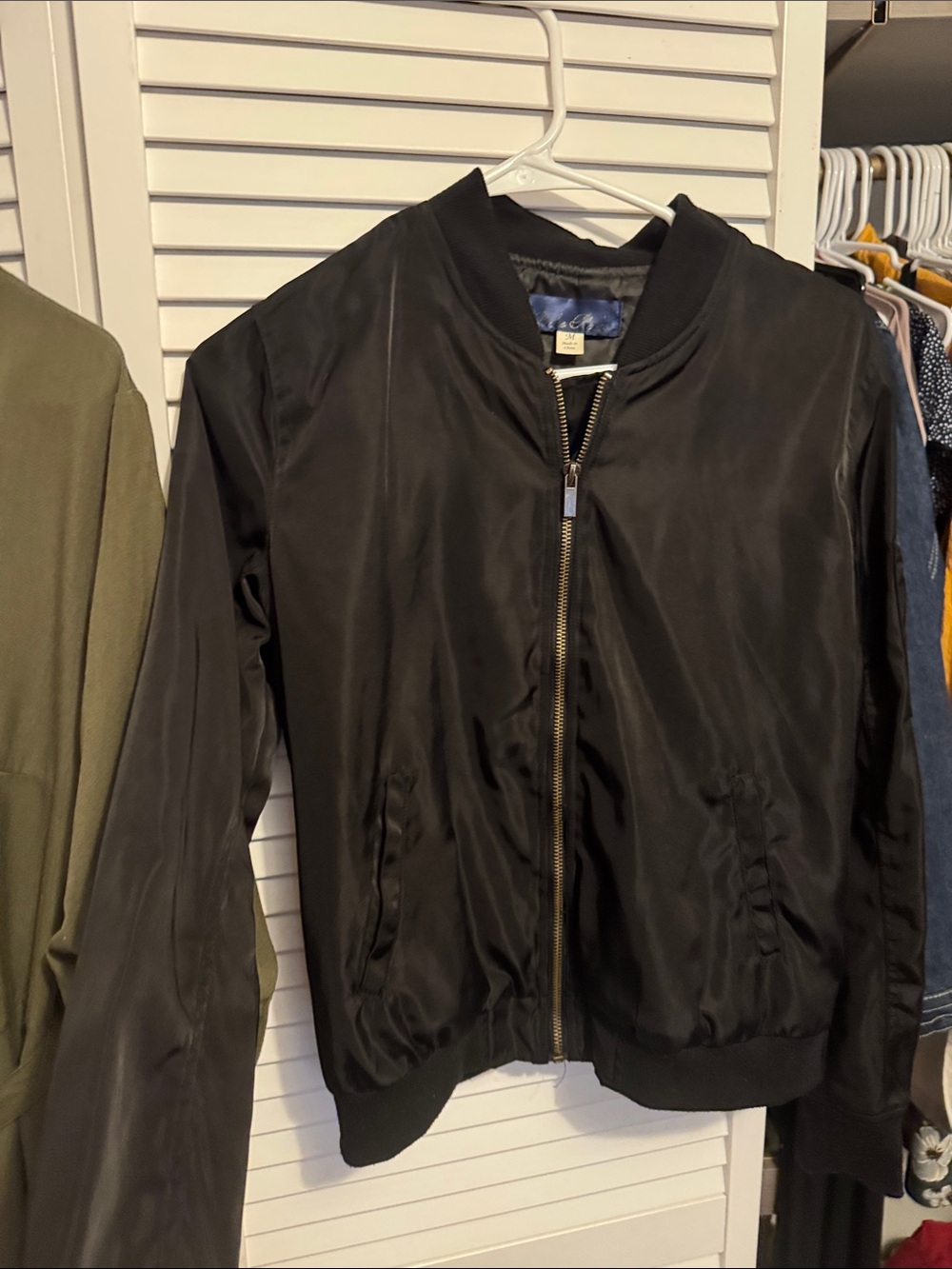 Blue Rain Black Satin Bomber Jacket